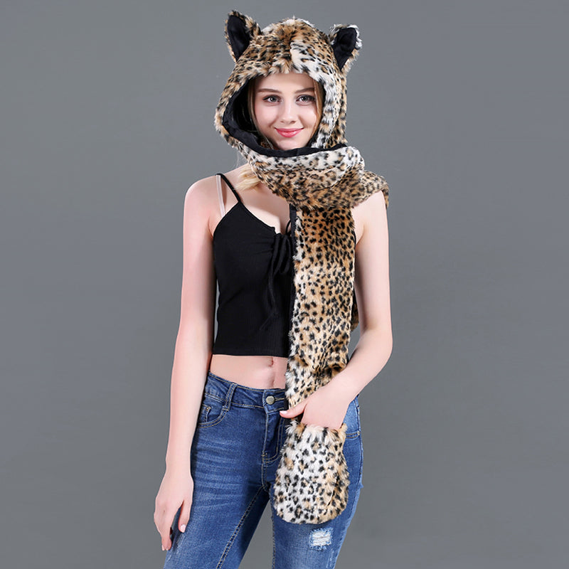 Winter Imitation Fur Hat Cartoon animal Hat Scarf Gloves 3in1