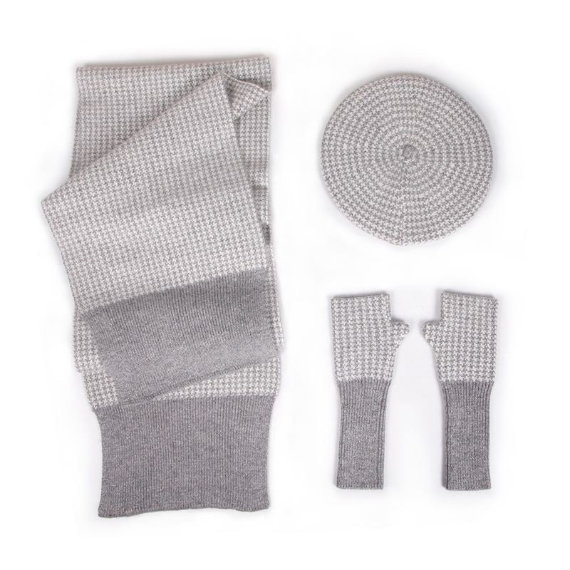 Three-piece Knitted Plaid Hat Gloves Scarf