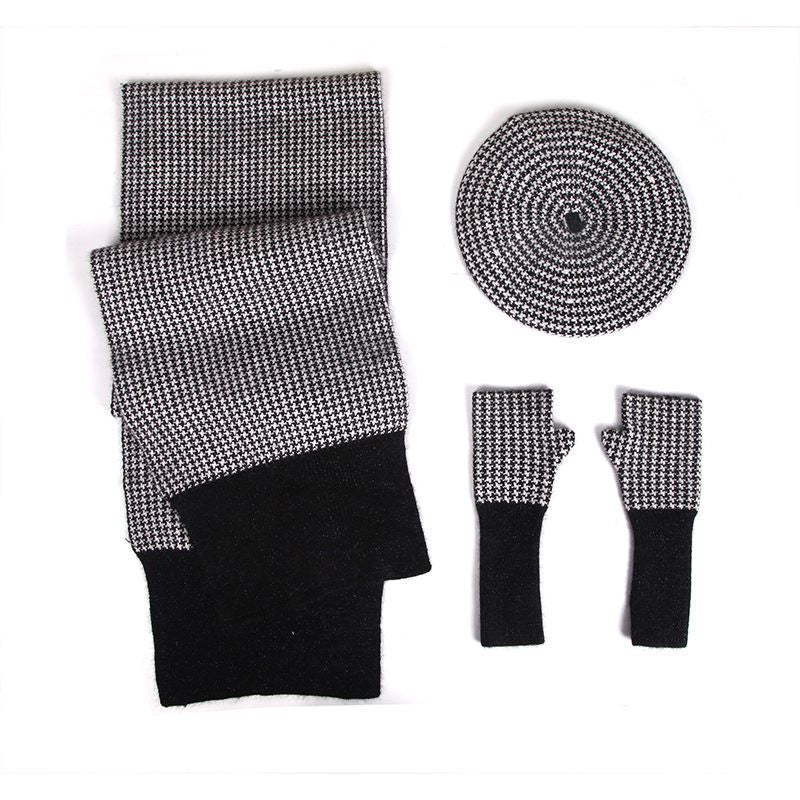 Three-piece Knitted Plaid Hat Gloves Scarf