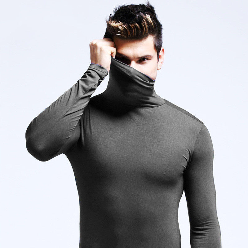 Turtleneck Men Thermal Top Solid Color Long Sleeve Bottoming Shirt