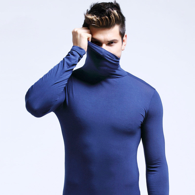 Turtleneck Men Thermal Top Solid Color Long Sleeve Bottoming Shirt