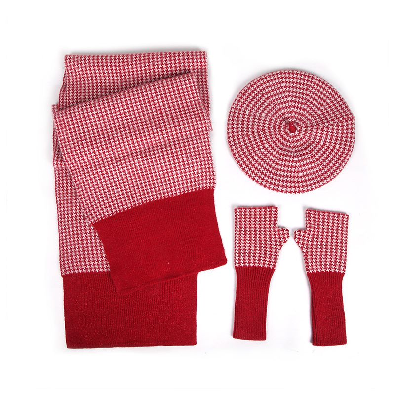 Three-piece Knitted Plaid Hat Gloves Scarf