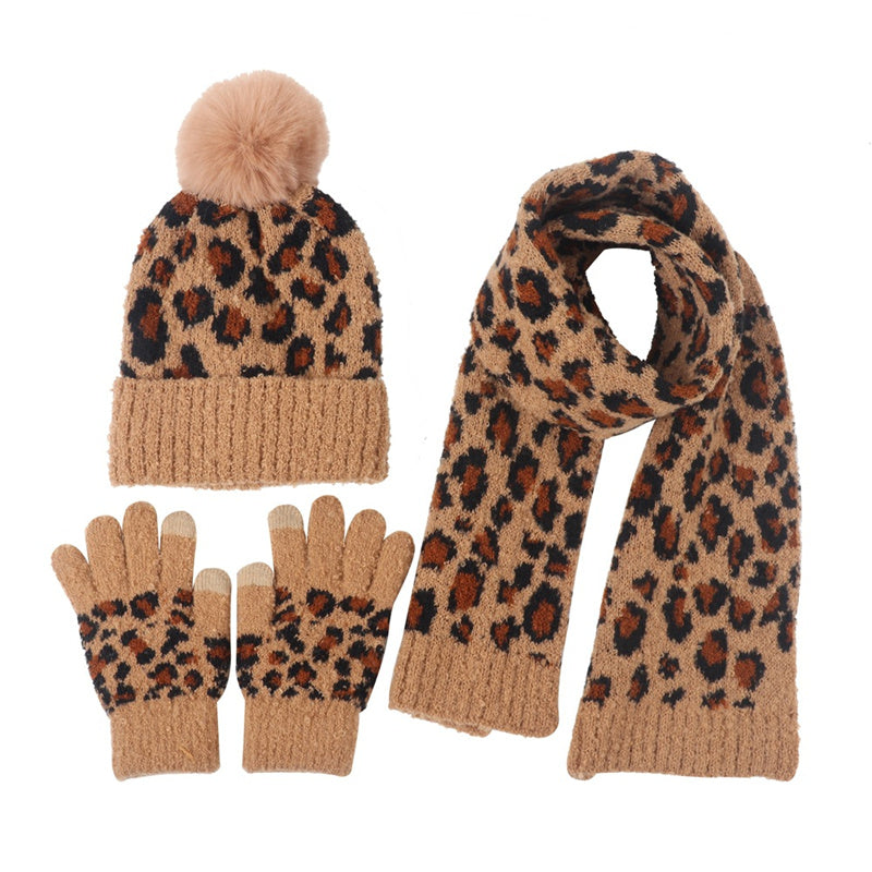Children's Leopard Print Knitted Hat Scarf Gloves Warm Set