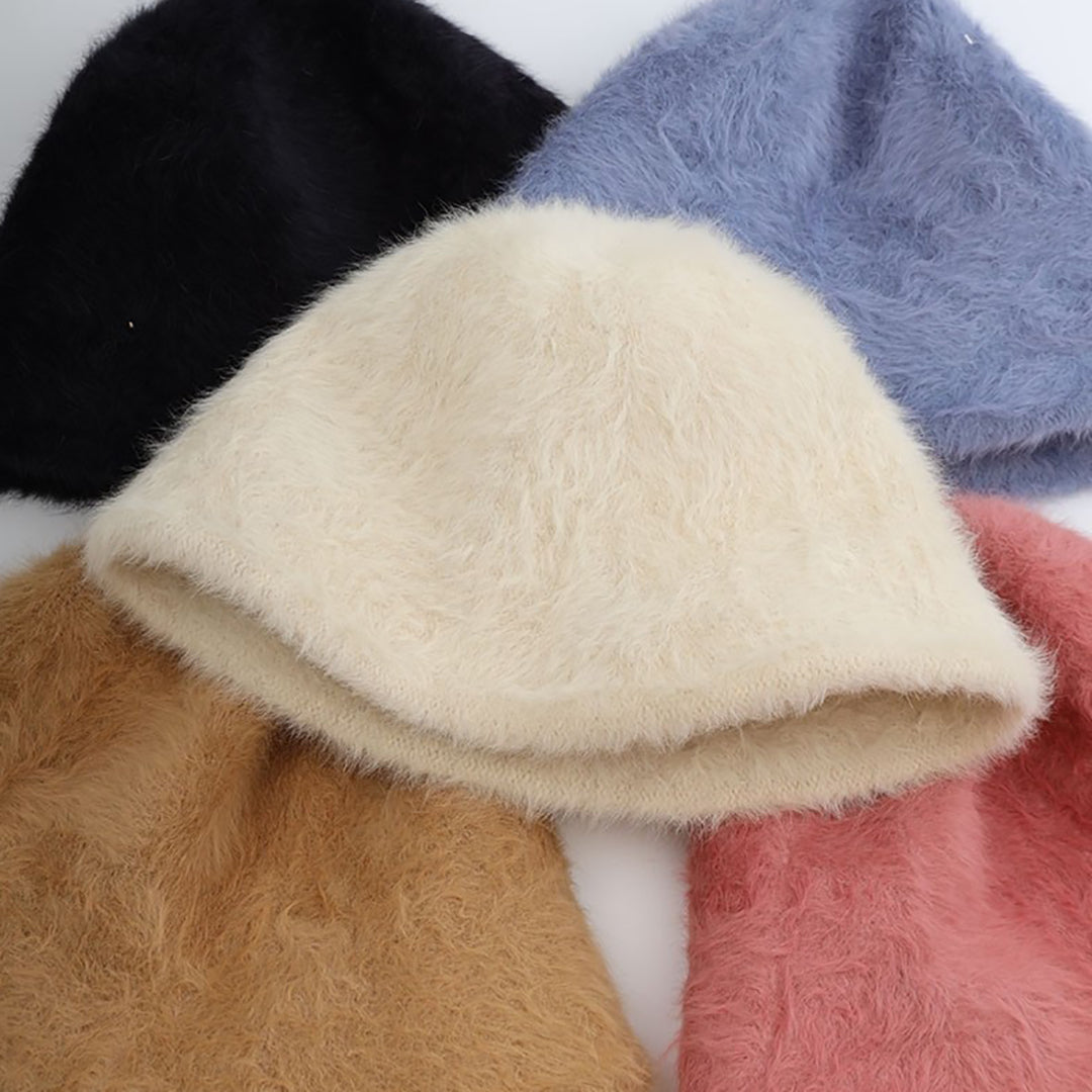 Female Solid Color Fluffy Bucket  Hat