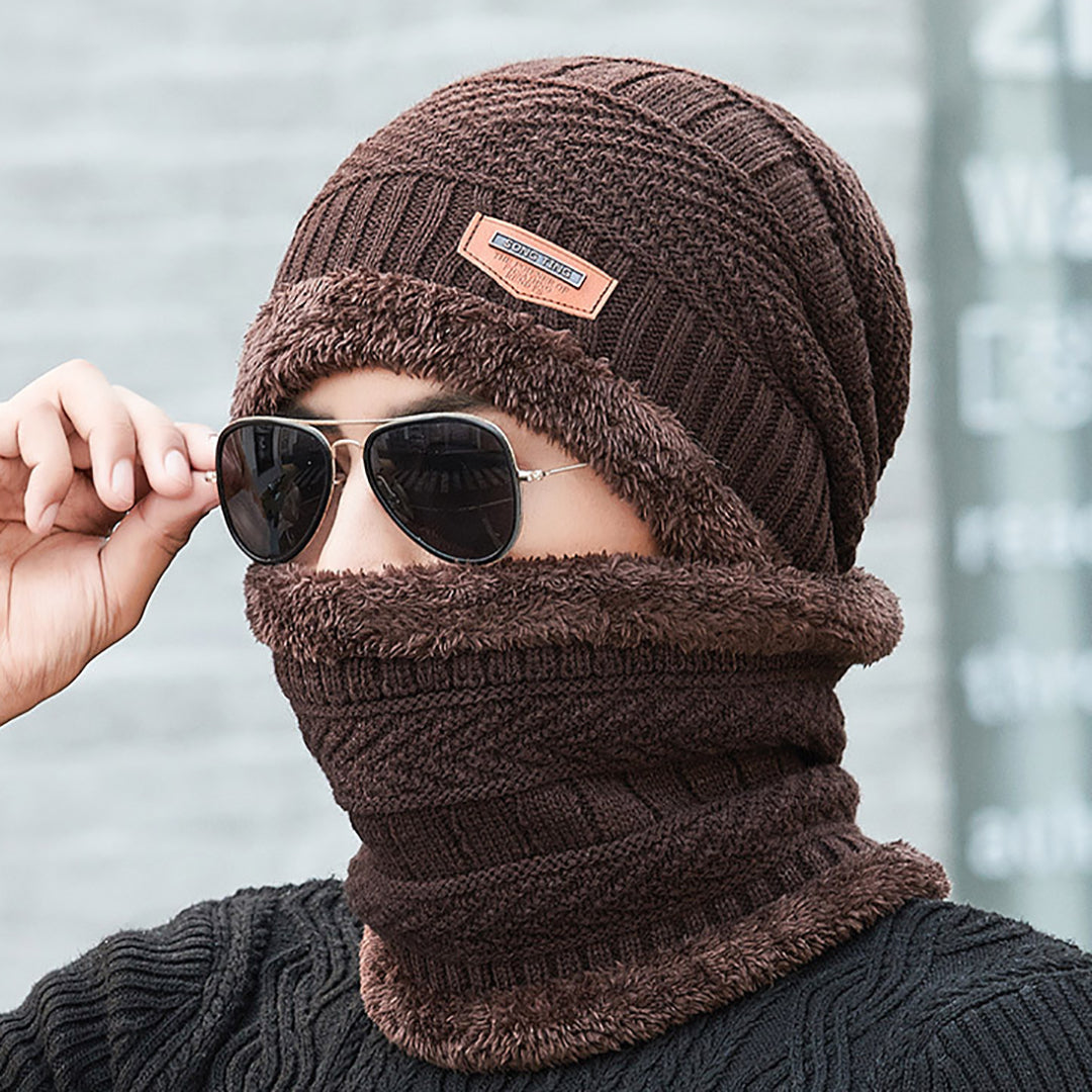 Men Winter Knitted Hat Two-Piece Suit With Scarf
