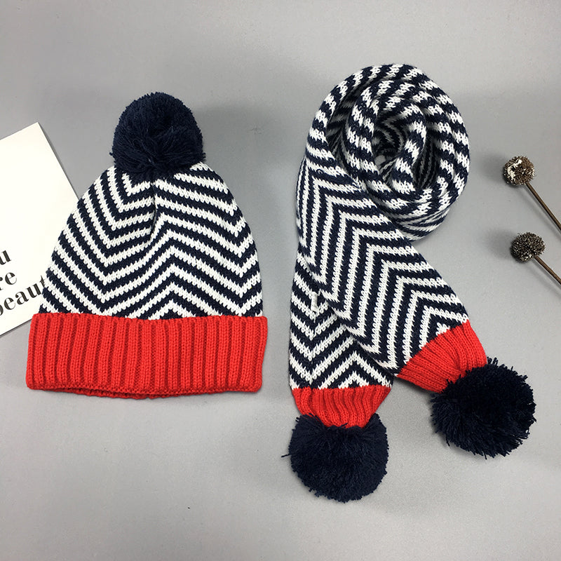 Two-piece Children's Striped Warm Scarf And Hat