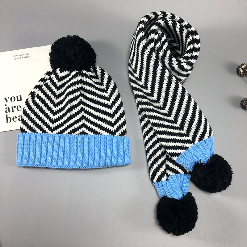 Two-piece Children's Striped Warm Scarf And Hat
