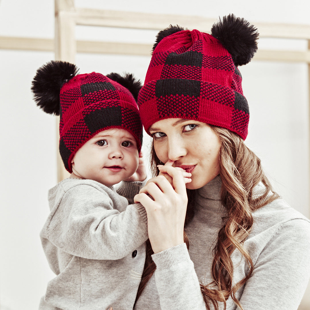 2PCS Warm Parent-child Double Hairball Knitted Hat