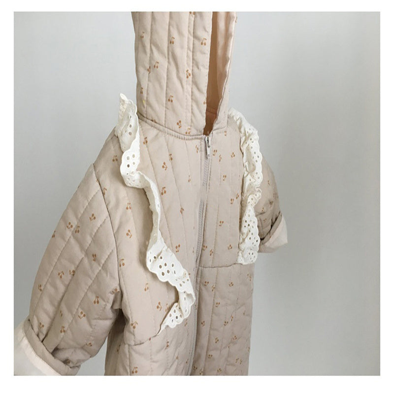 Baby Girl Long Sleeve Warm Thick Lace Hooded Onesie Clothing in Winter