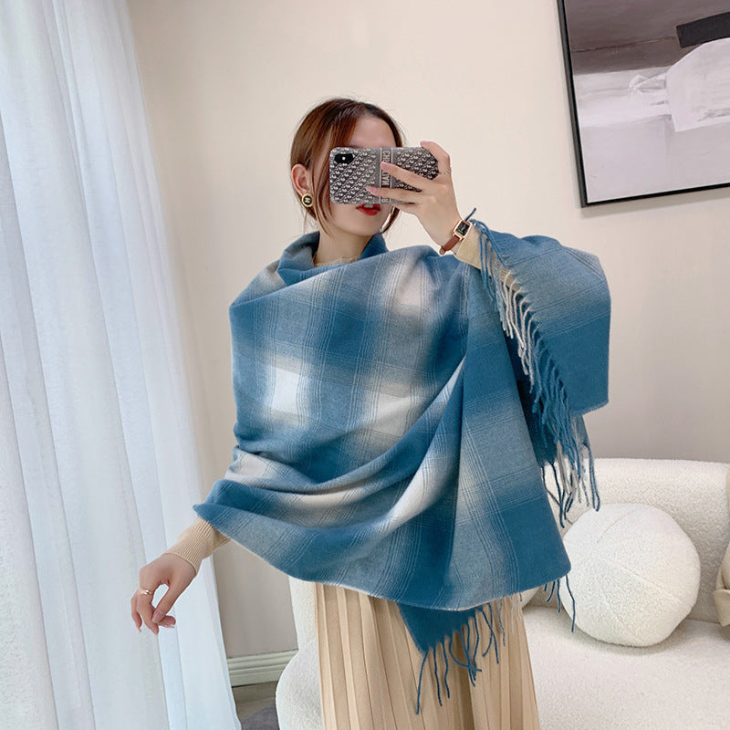 Women Gradient Plaid Fringe Windproof Warm Scarf