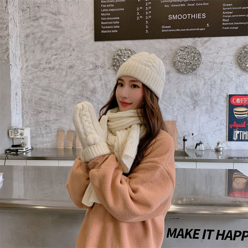 Scarf, gloves and hat three-piece set with thickened warm knitted scarf for autumn and winter