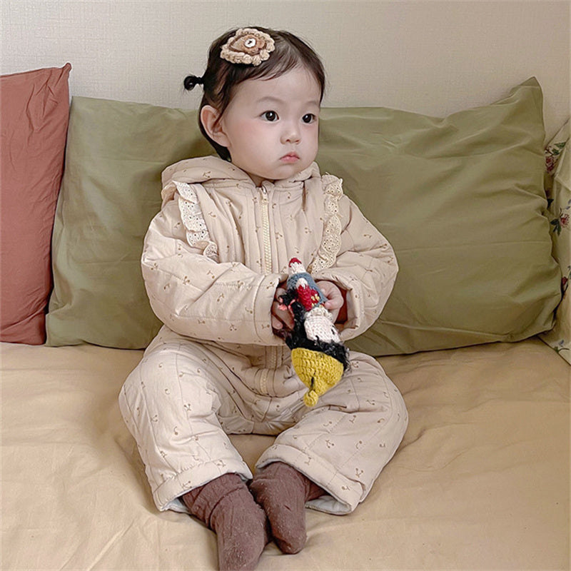 Baby Girl Long Sleeve Warm Thick Lace Hooded Onesie Clothing in Winter
