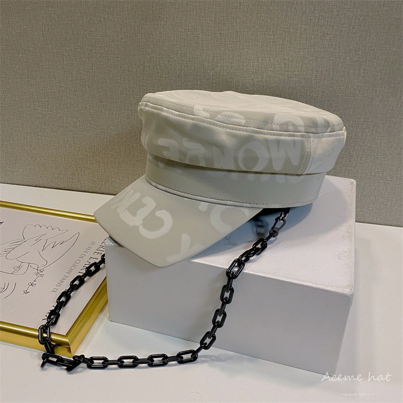 Vintage Glossy Letter Print Hat With Chain