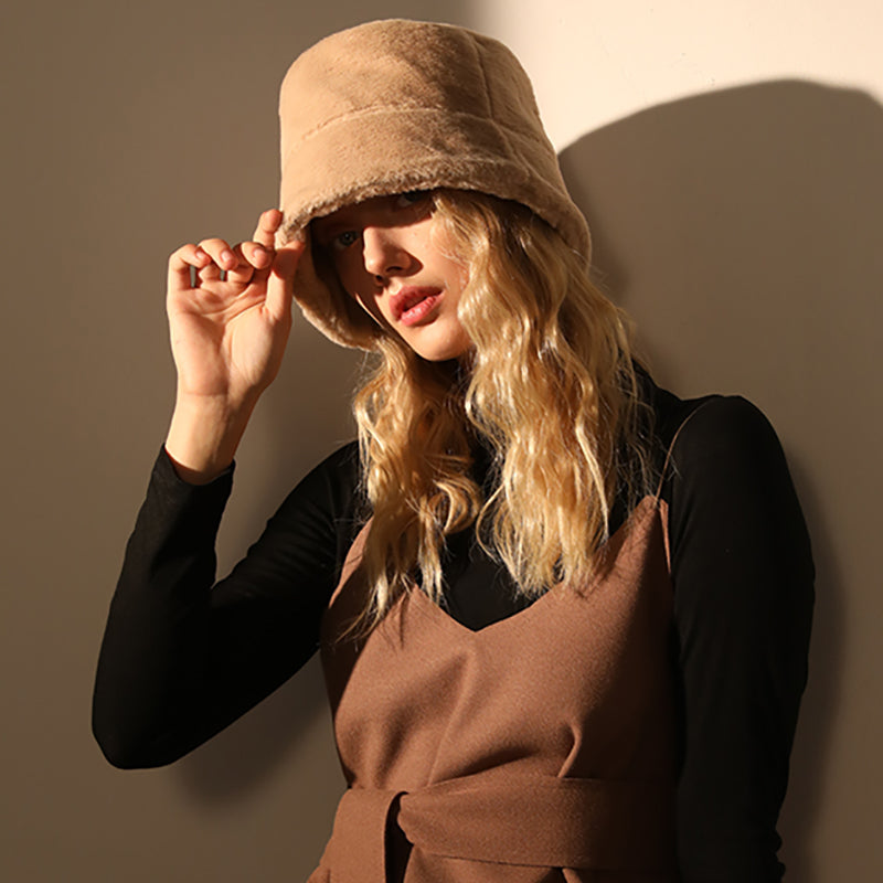 Fashion All-match Solid Color Thick Plush Warm Bucket Hat