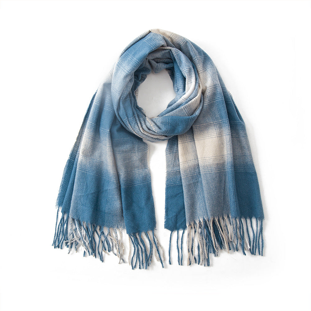 Women Gradient Plaid Fringe Windproof Warm Scarf