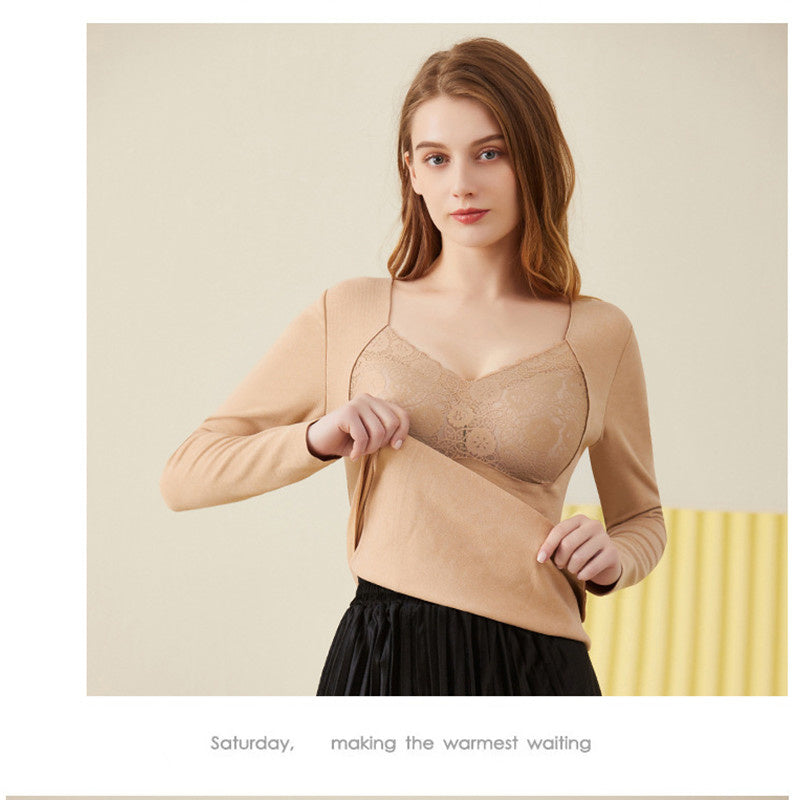 Winter Thermal Underwear Tops Women Removable Chest Pad Intimates