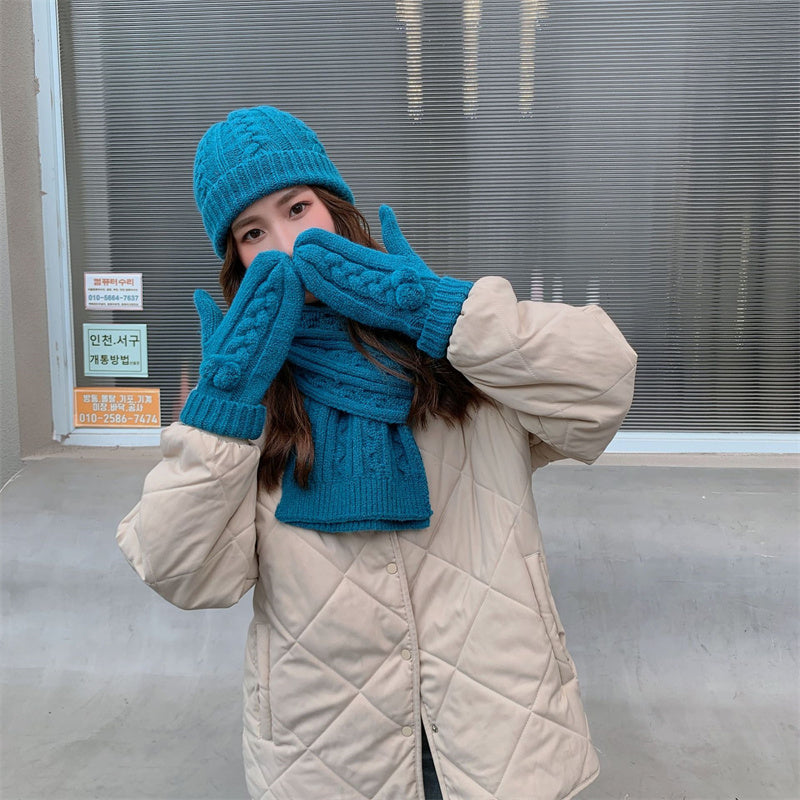 Scarf, gloves and hat three-piece set with thickened warm knitted scarf for autumn and winter