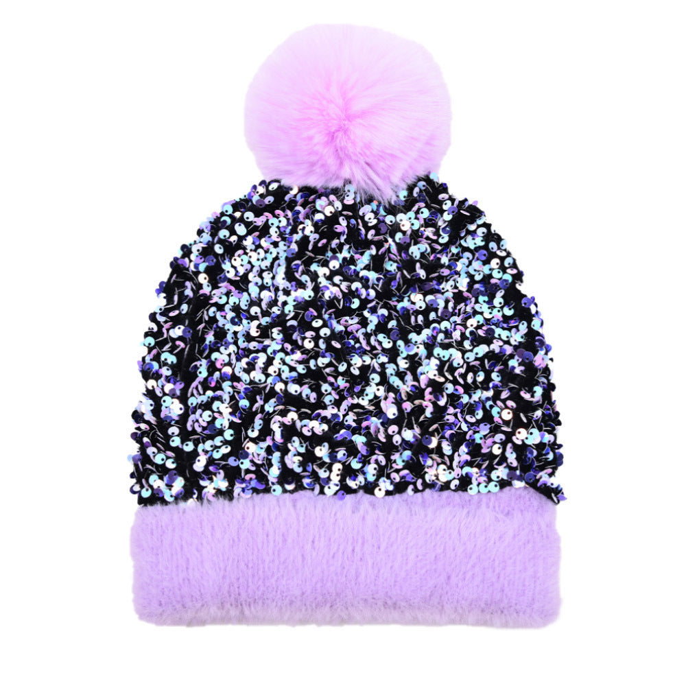 Winter Sequins Removable Wool Tuft Thick Plush Warm Knit Hat