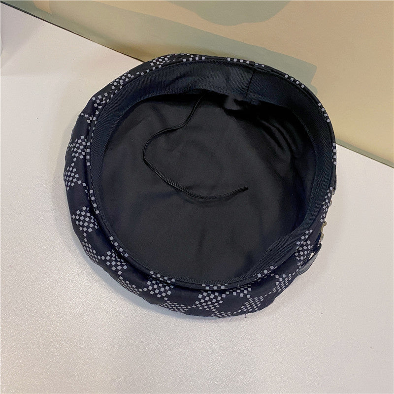 Check Print Leather Buckle Beret