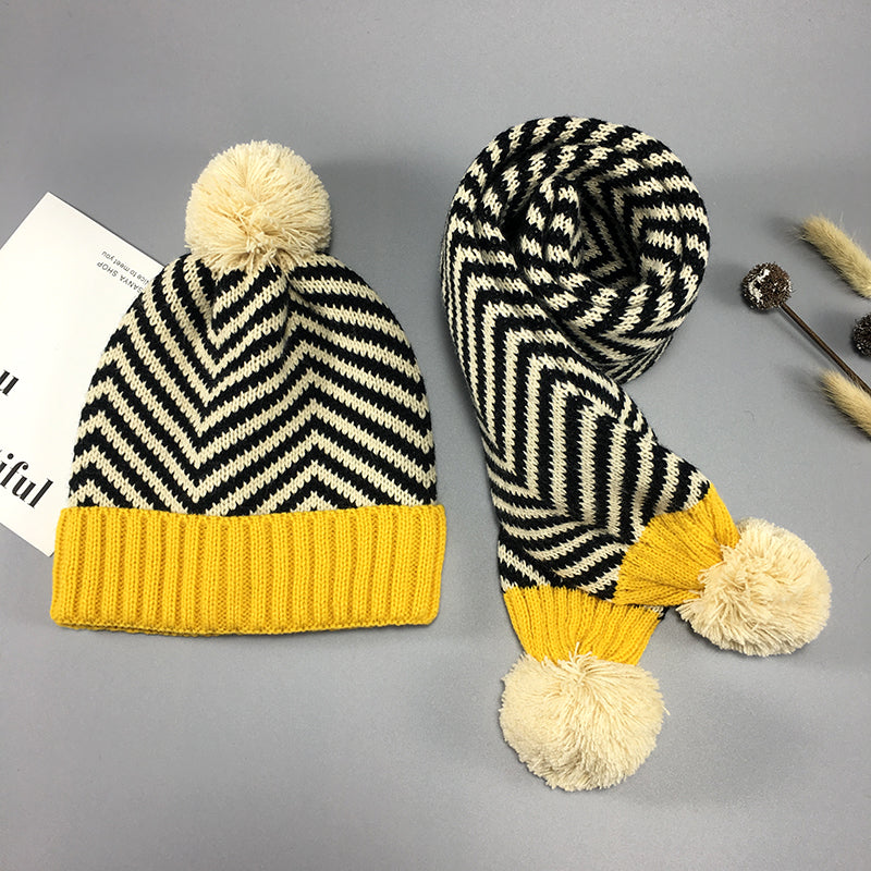 Two-piece Children's Striped Warm Scarf And Hat