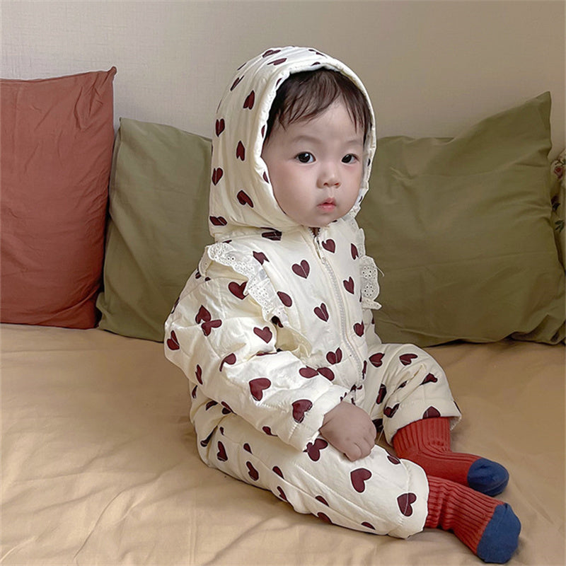 Baby Girl Long Sleeve Warm Thick Lace Hooded Onesie Clothing in Winter