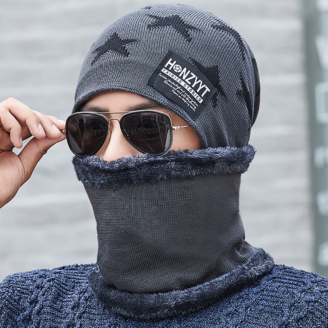 Men's Casual Knitted Hat Two-Piece Suit With Scarf