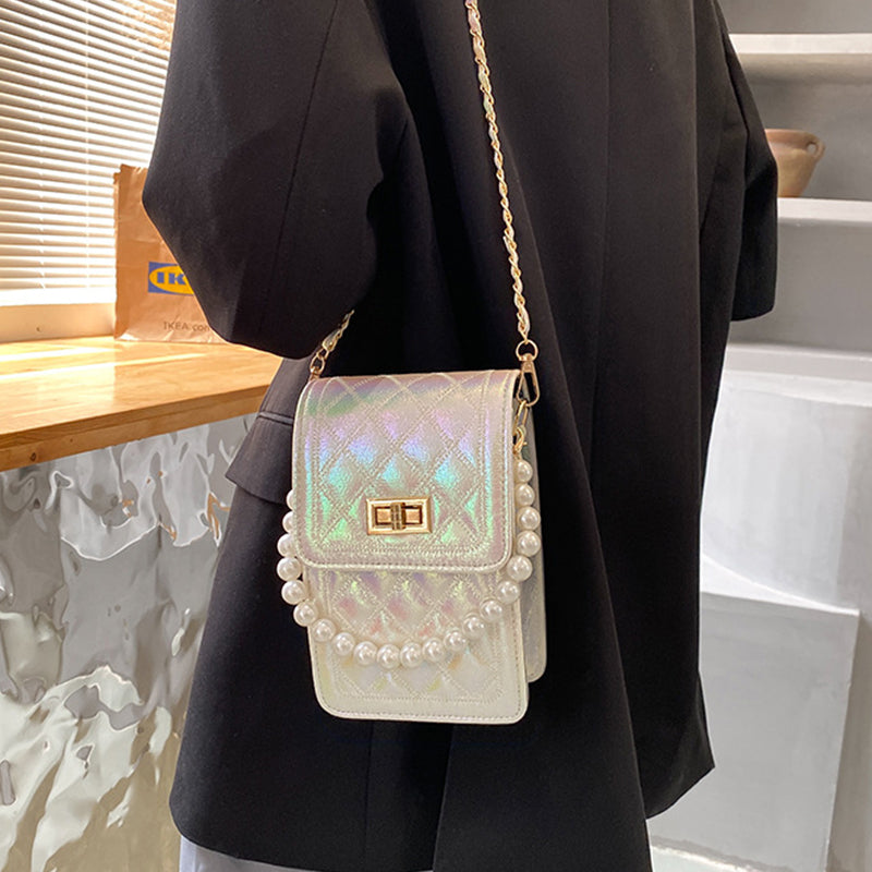 Fashion Pearl Chain Shiny Gradient Mini Shoulder Bag