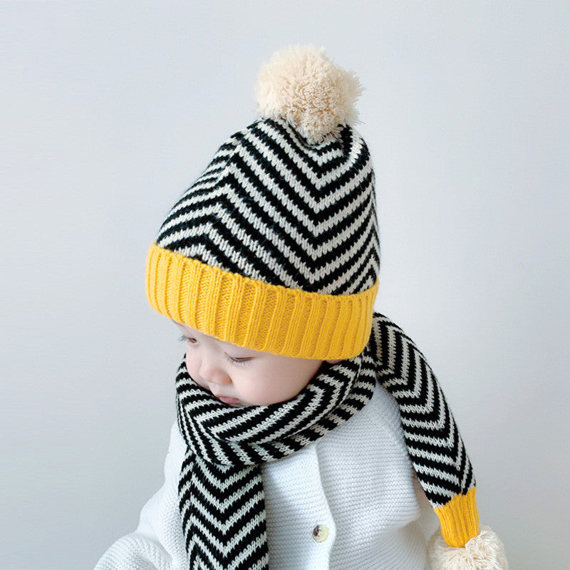 Two-piece Children's Striped Warm Scarf And Hat