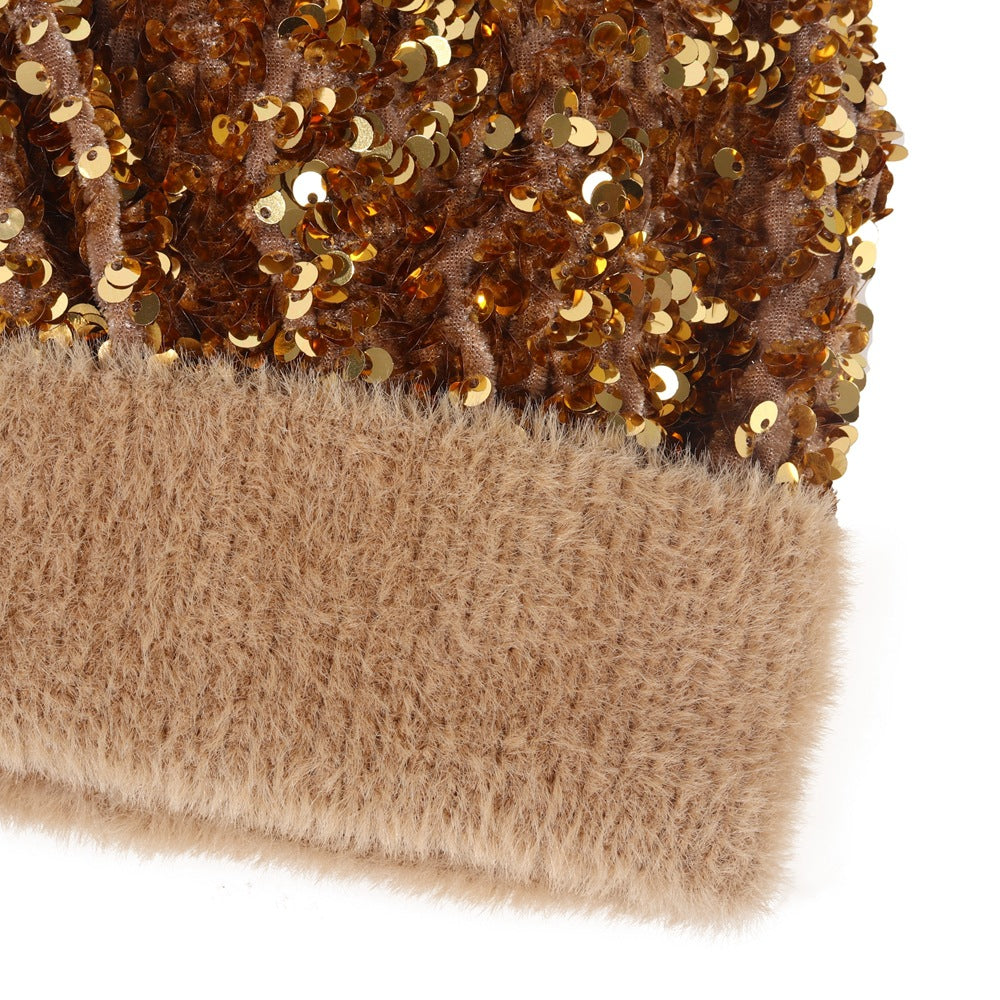 Winter Sequins Removable Wool Tuft Thick Plush Warm Knit Hat