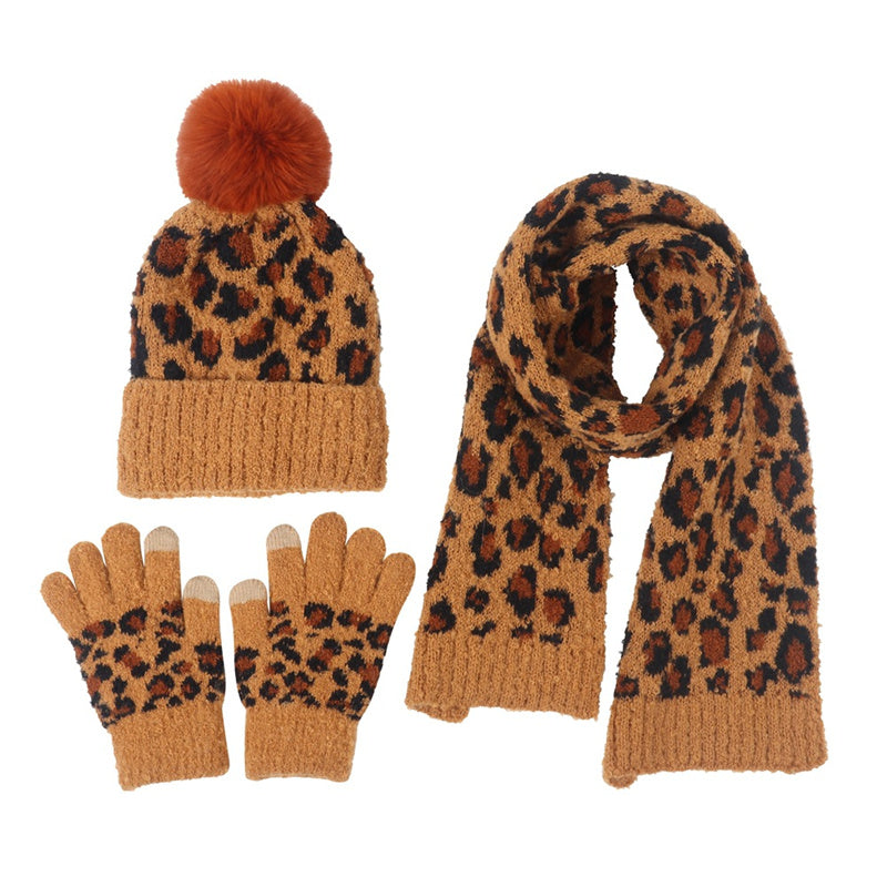 Children's Leopard Print Knitted Hat Scarf Gloves Warm Set