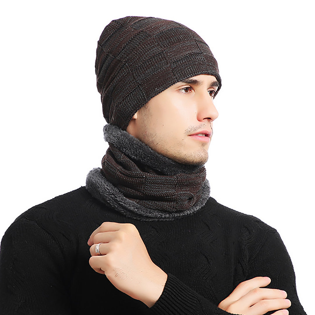 Stylish Men Fluffy Knitted  Hat &  Scarf For Cold Winter
