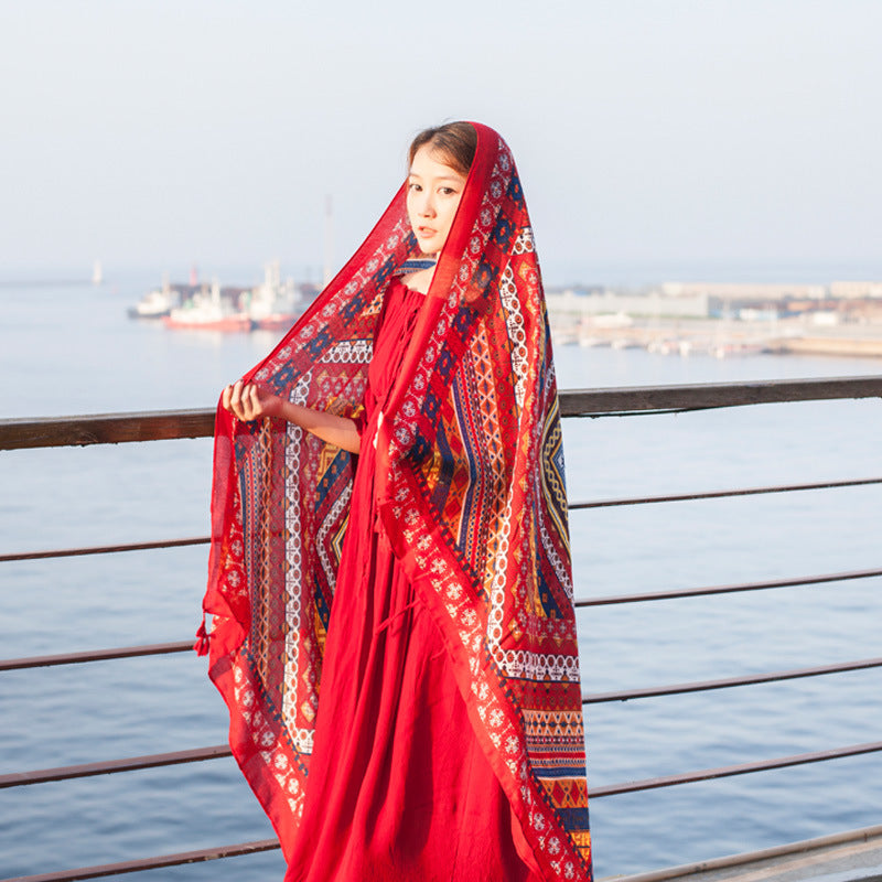 Printed Fringed Cotton And Linen Scarf