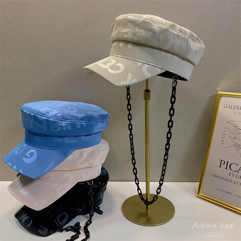 Vintage Glossy Letter Print Hat With Chain