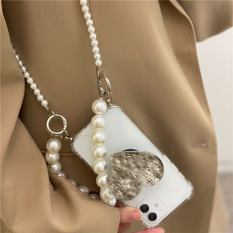 Retro Heart-Shaped Stand Pearl Chain Phone Case