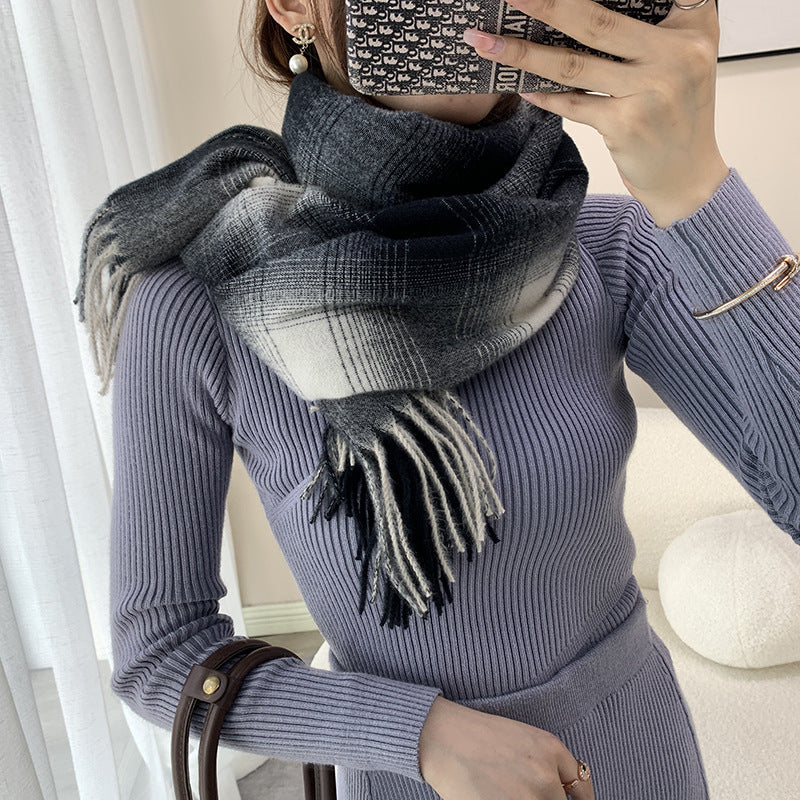 Women Gradient Plaid Fringe Windproof Warm Scarf