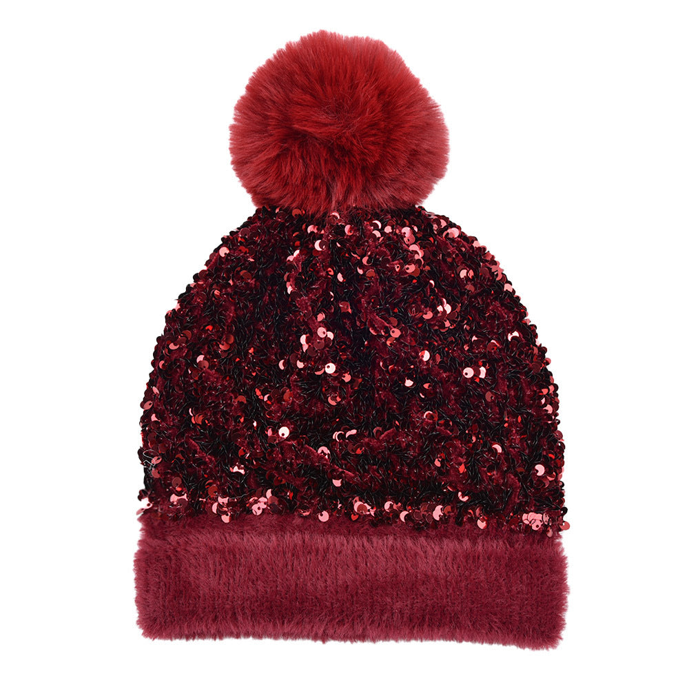 Winter Sequins Removable Wool Tuft Thick Plush Warm Knit Hat