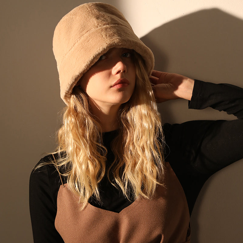 Fashion All-match Solid Color Thick Plush Warm Bucket Hat