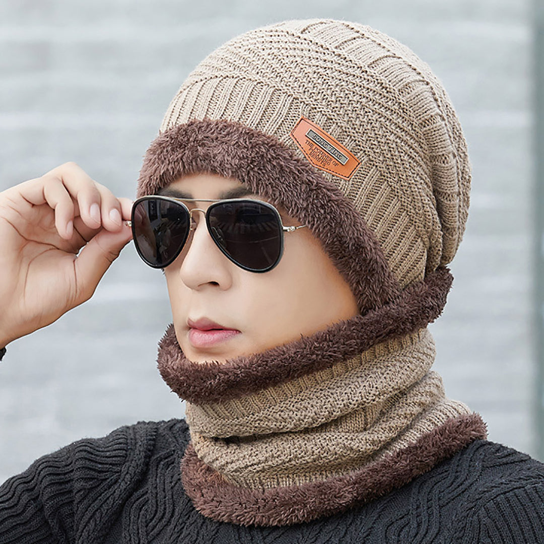Men Winter Knitted Hat Two-Piece Suit With Scarf