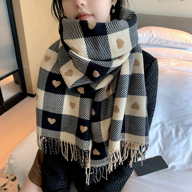 Warm Plaid Scarf With Thick Tassels