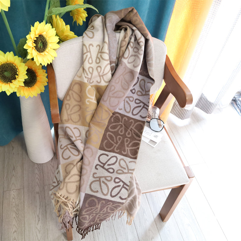 Women Check Color-block Tassel Warm Scarf