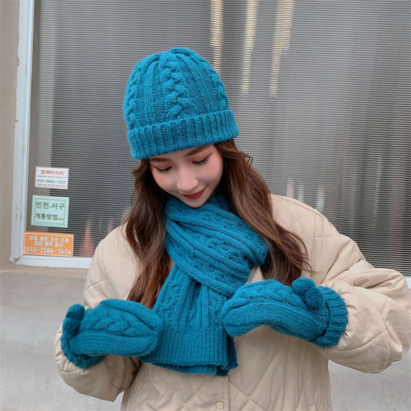 Scarf, gloves and hat three-piece set with thickened warm knitted scarf for autumn and winter