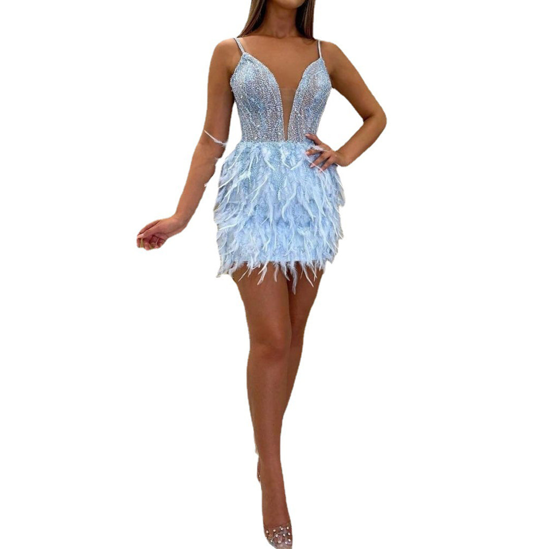 Sexy Deep V Blue Short Feather Dress
