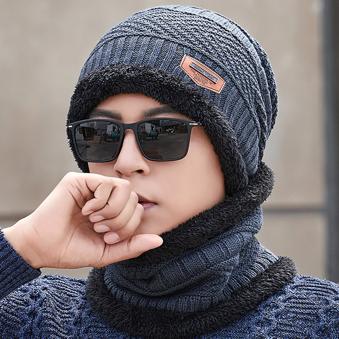 Men Winter Knitted Hat Two-Piece Suit With Scarf