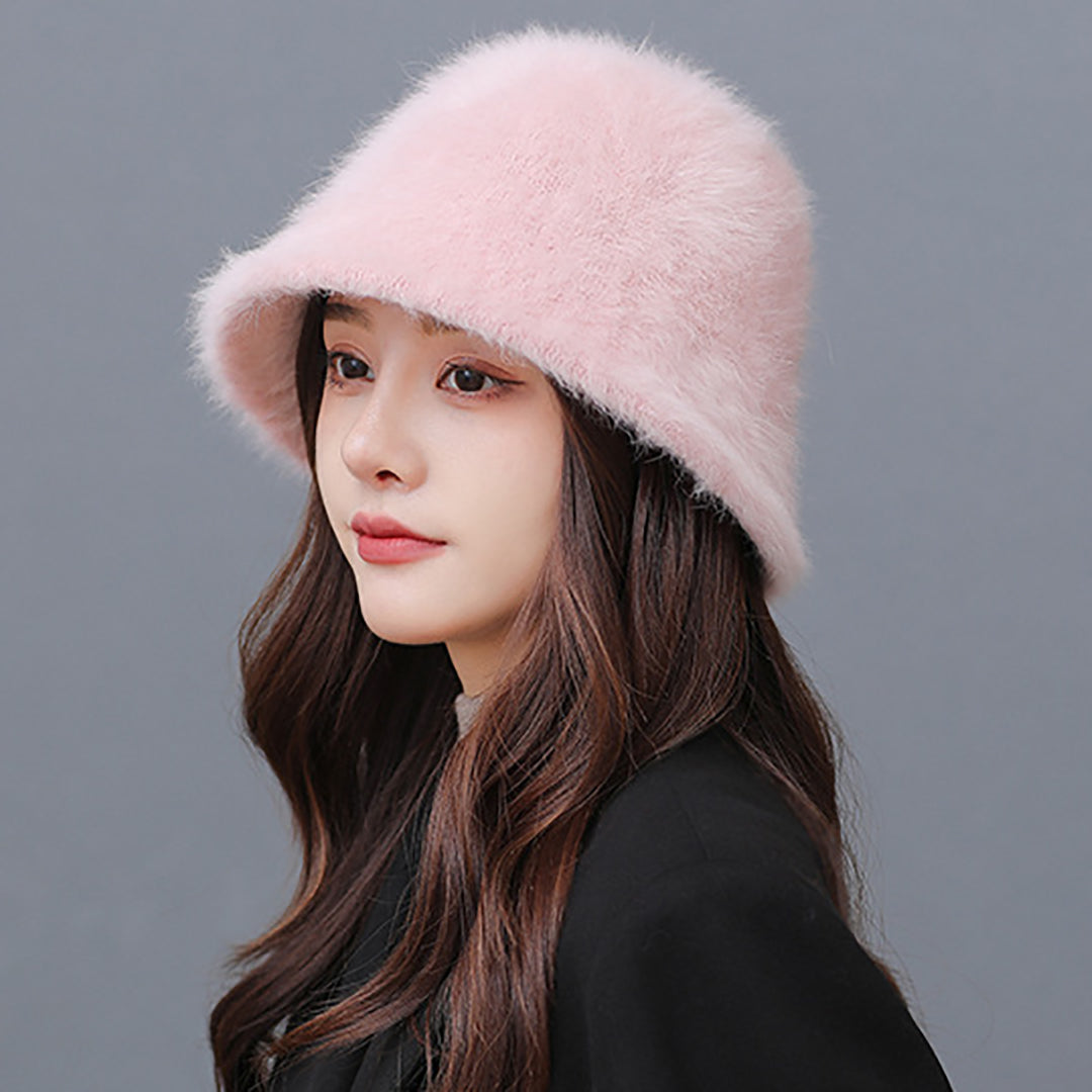 Female Solid Color Fluffy Bucket  Hat