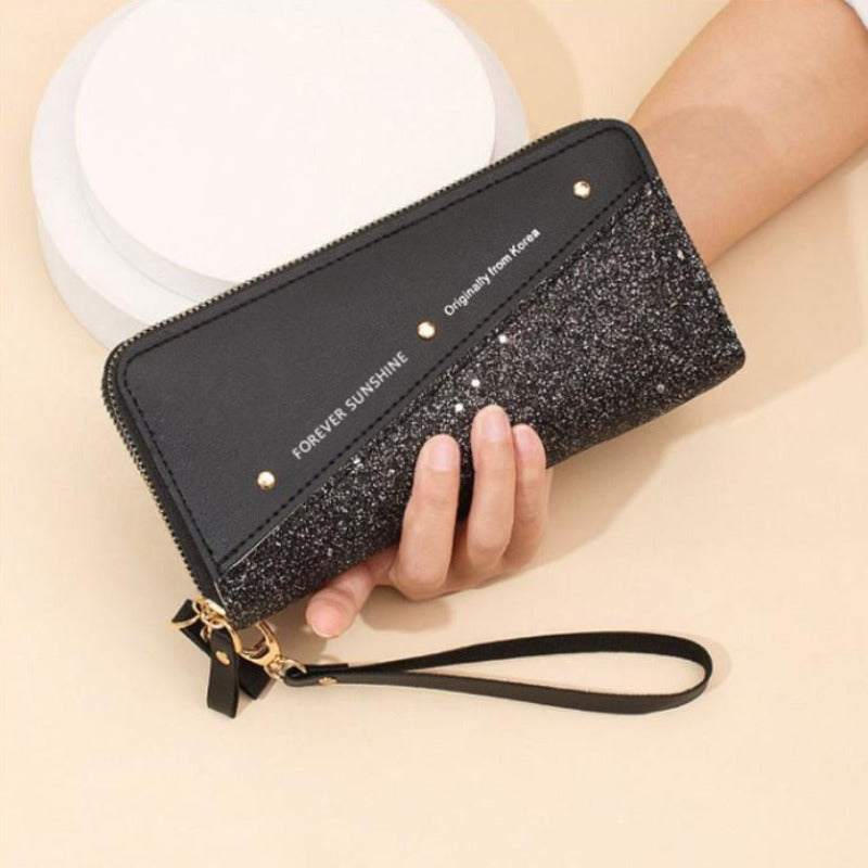 Fashion Double Zipper Sequins Soft Leather Wallet