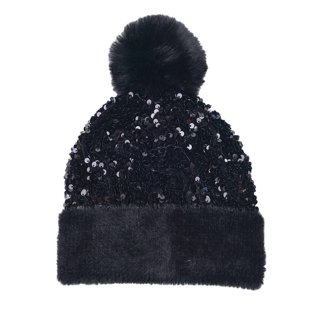 Winter Sequins Removable Wool Tuft Thick Plush Warm Knit Hat