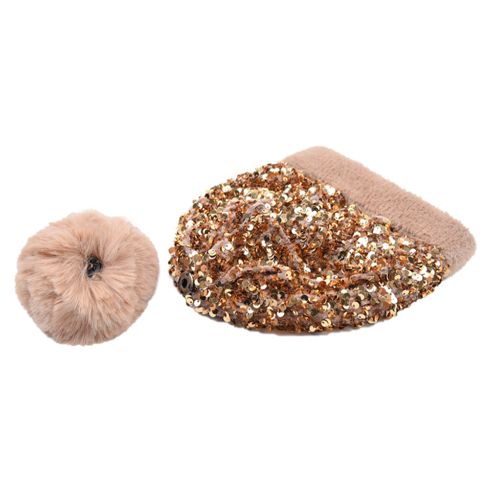 Winter Sequins Removable Wool Tuft Thick Plush Warm Knit Hat