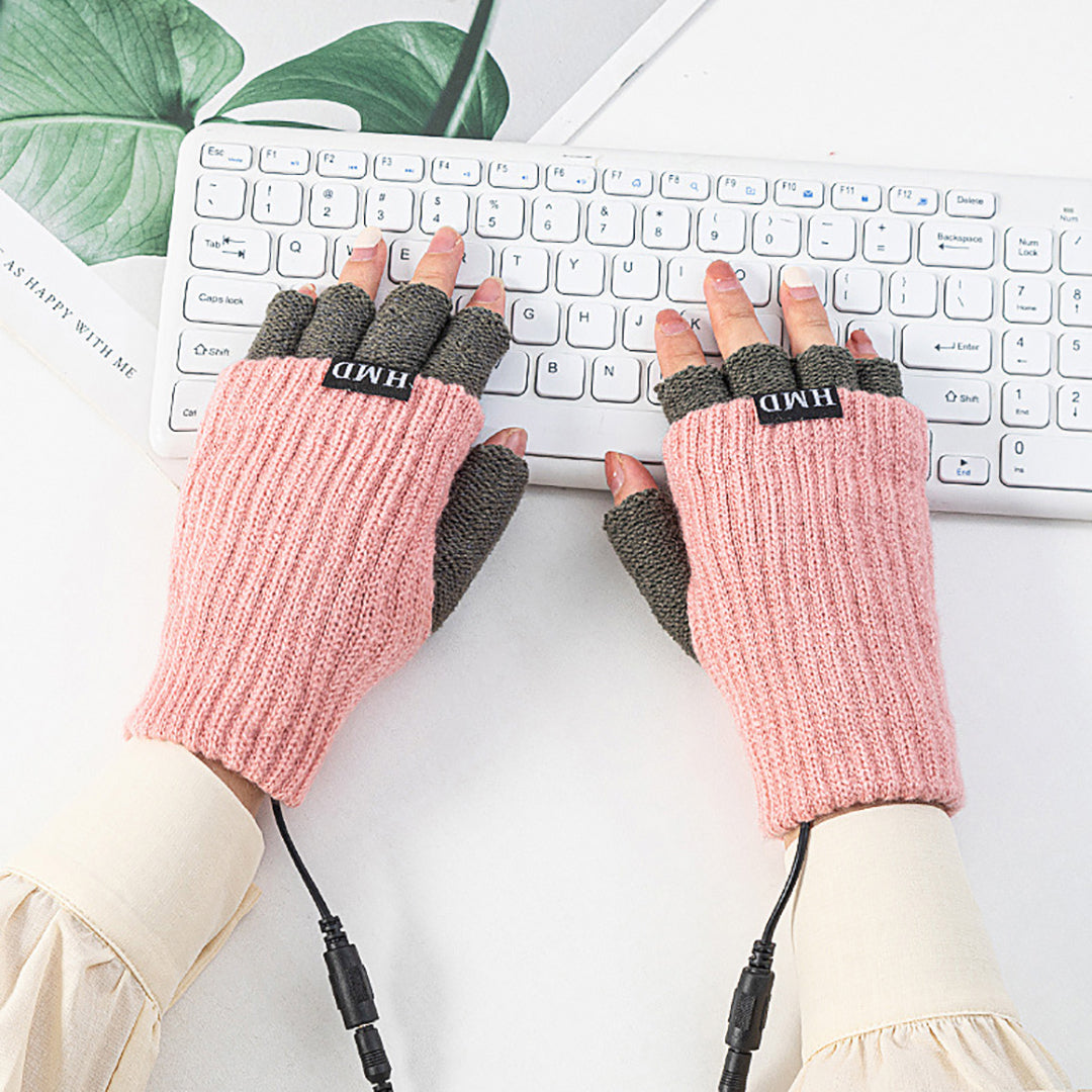 Winter USB Charging Half-Finger Knitted Gloves