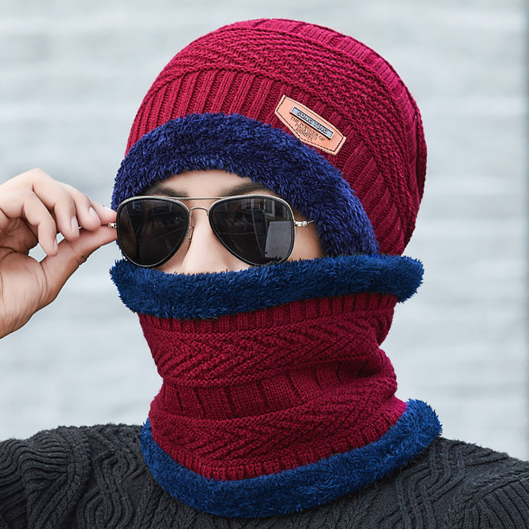 Men Winter Knitted Hat Two-Piece Suit With Scarf
