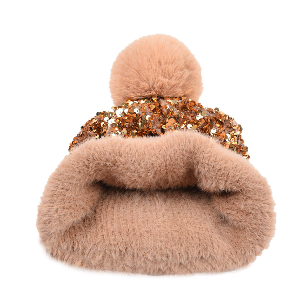 Winter Sequins Removable Wool Tuft Thick Plush Warm Knit Hat